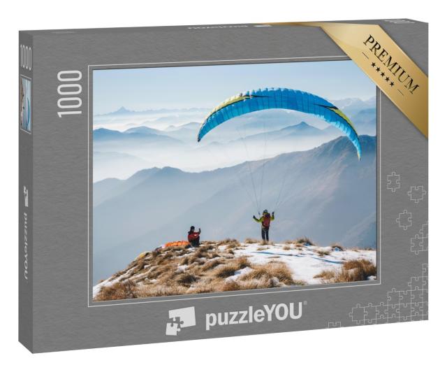 Puzzle 1000 Teile „Kurz vor dem Start: Gleitschirmfliegen in den Bergen“