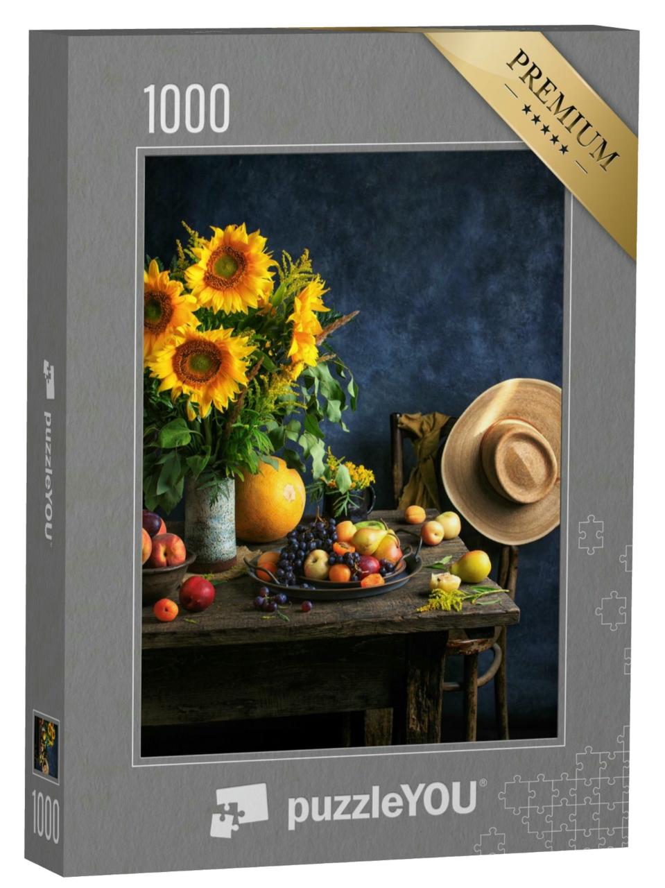 Puzzle 1000 Teile „Herbststillleben mit Sonnenblumen, antiken Möbeln und einem Strohhut“