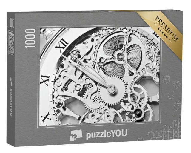 Puzzle 1000 Teile „Schwarz-weiße Nahaufnahme eines Uhrwerks, römische Ziffern“