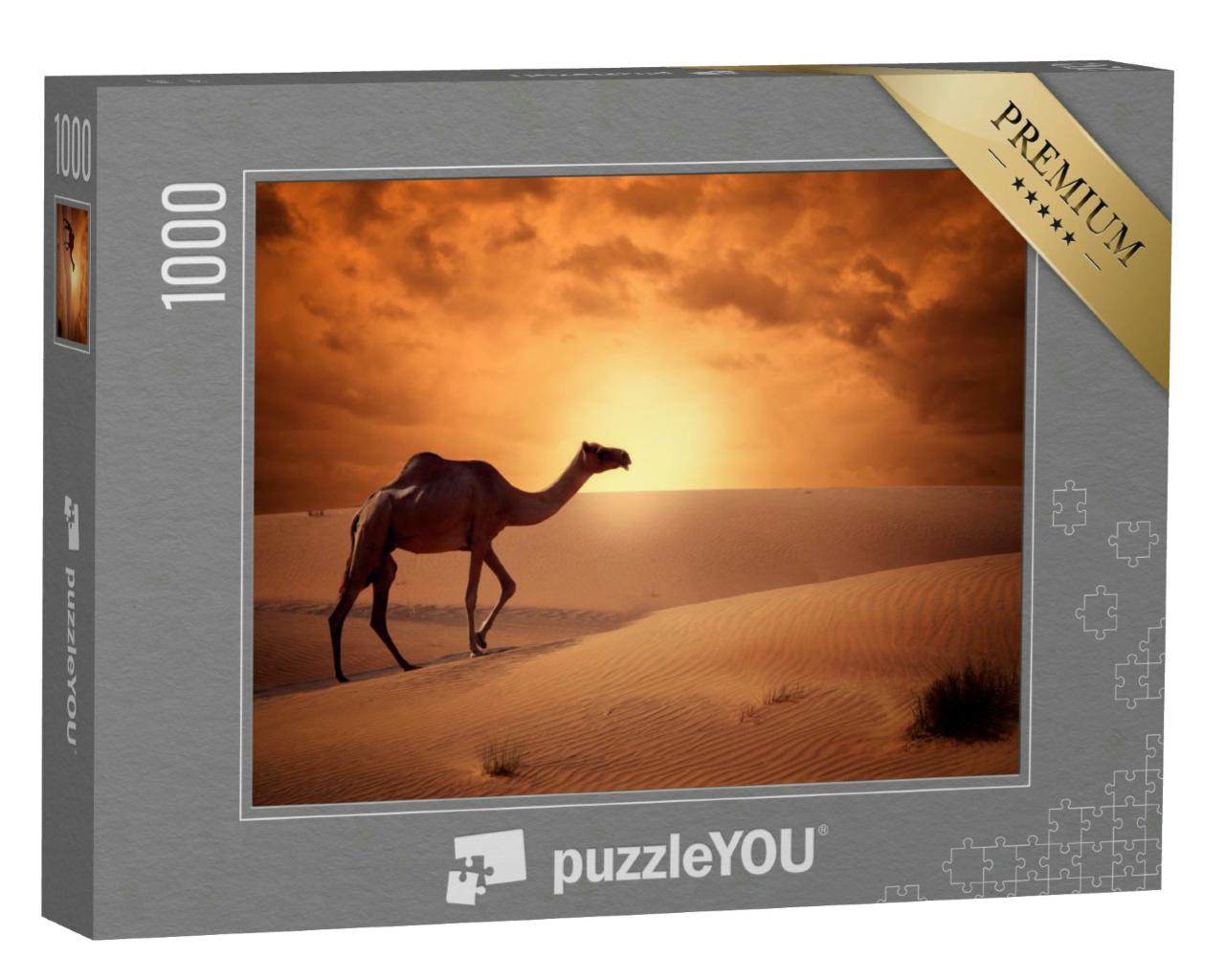 Puzzle 1000 Teile „Kamel überqueren die Wüste im Sonnenaufgang, Urlaubsreisen“