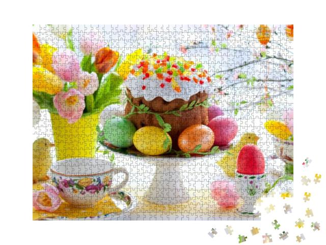Puzzle 1000 Teile „Osterkuchen und bunte Eier auf dem festlichen Ostertisch“