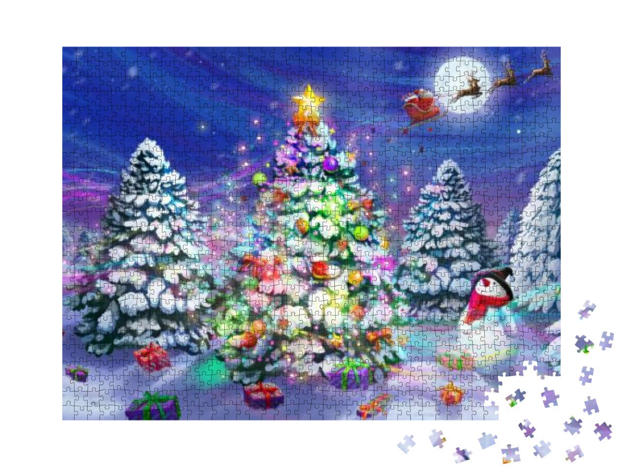 Puzzle 1000 Teile „Illustration: Santas Schlitten über einem Weihnachtsbaum im verschneiten Wald“