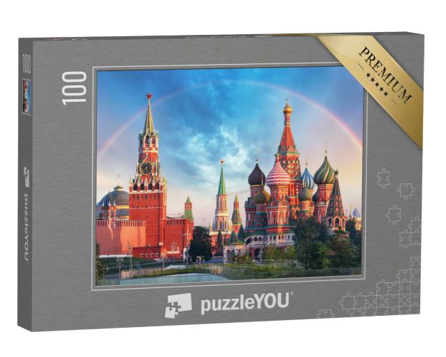 Puzzle 100 Teile „Panoramablick auf den Roten Platz mit Moskauer Kreml und Regenbogen“