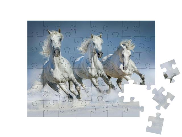 Puzzle 48 Teile „Gruppe von schönen arabischen Pferden läuft Galopp durch Schnee“