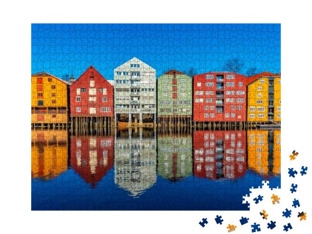 Puzzle 1000 Teile „Holzhäuser am Fluss Nidelva im Stadtteil Brygge in Trondheim, Norwegen“