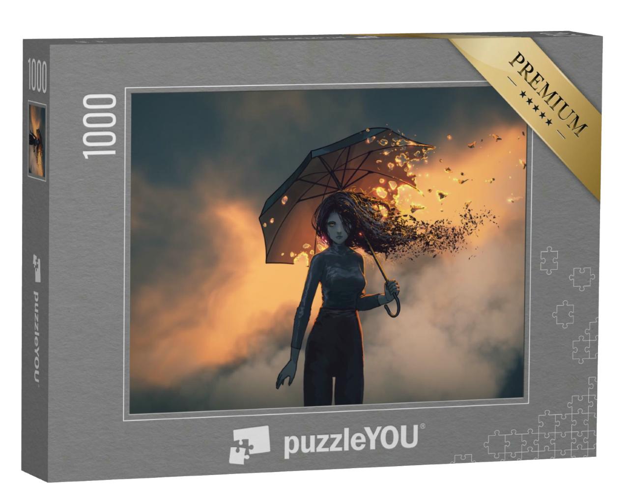 Puzzle 1000 Teile „Digitale Kunst: Geheimnisvolle Frau mit brennendem Regenschirm“