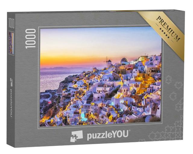 Puzzle 1000 Teile „Dorf Oia mit traditionellen weißen Häusern und Windmühlen, Santorini, Griechenland“
