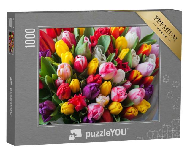 Puzzle 1000 Teile „Wunderschöne Frühlingstulpen in Lila, Rot, Gelb, Rosa und Weiß“