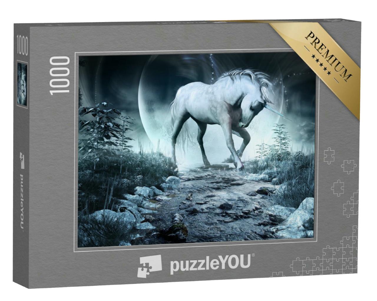 Puzzle 1000 Teile „Nachtszene mit Einhorn, Bach und Mond, 3D-Illustration“