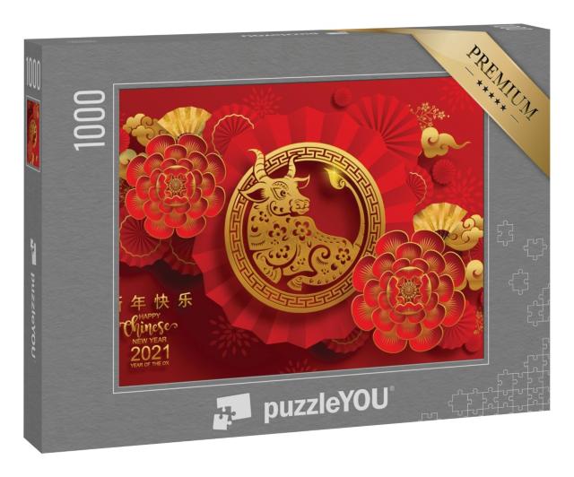 Puzzle 1000 Teile „Jahr des Ochsen, chinesisches neues Jahr 2021, rotes und goldenes Papier“