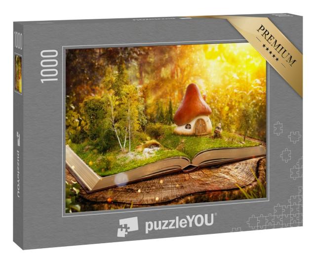 Puzzle 1000 Teile „Digitale Kunst: Magisches Pilzhaus im verwunschenen Bücherwald“