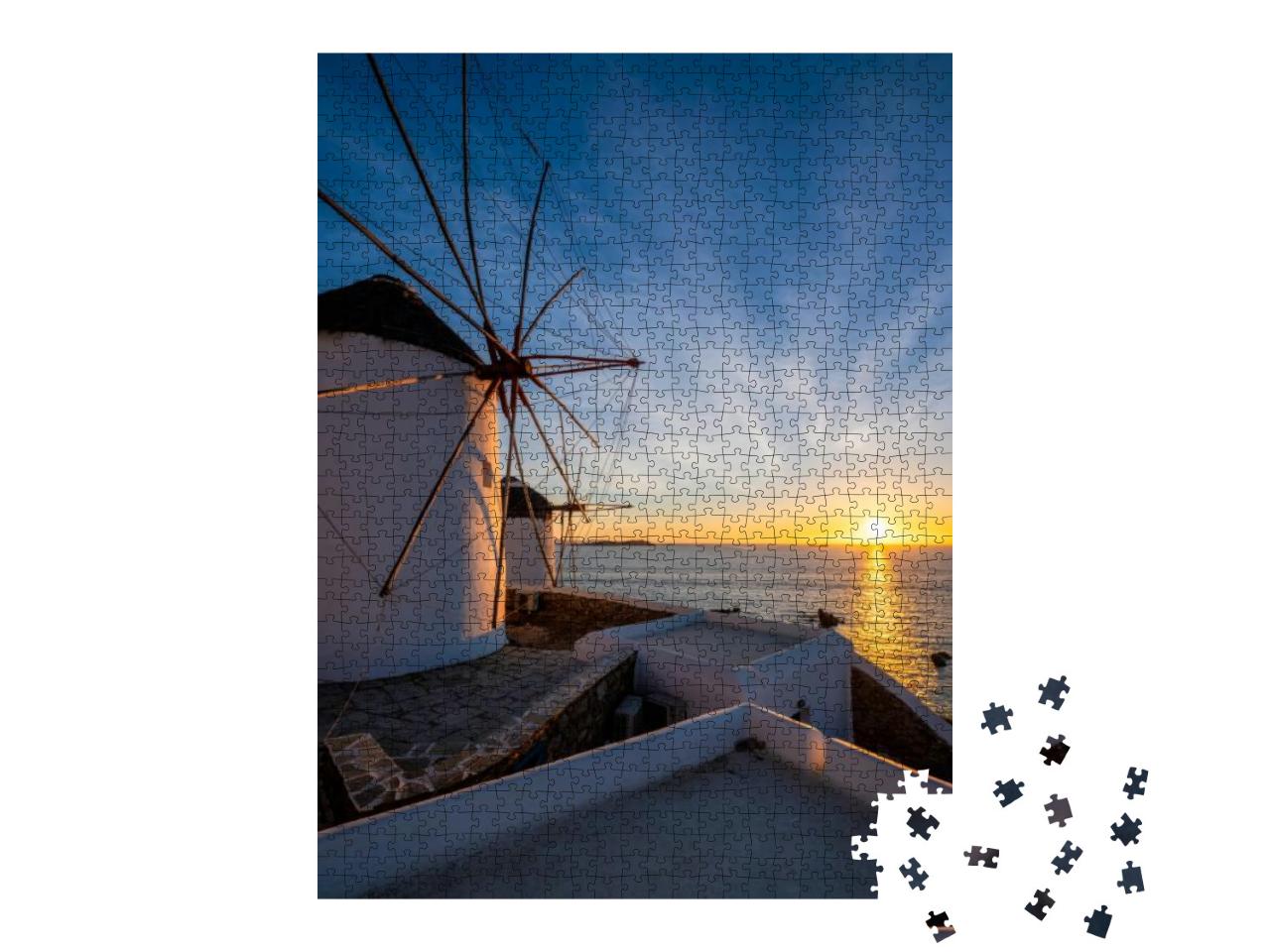 Puzzle 1000 Teile „Blick auf die berühmten Windmühlen der Stadt, Chora, Mykonos“