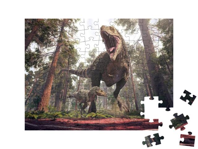 Puzzle 100 Teile „3D-Rendering des Tyrannosaurus Rex und seines Jungtiers“