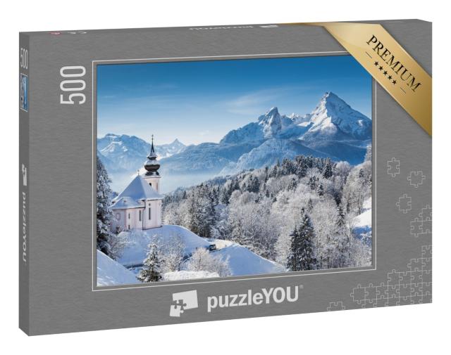 Puzzle 500 Teile „Wallfahrtskirche und Watzmann-Gipfel im Winter, Berchtesgadener Land, Deutschland“