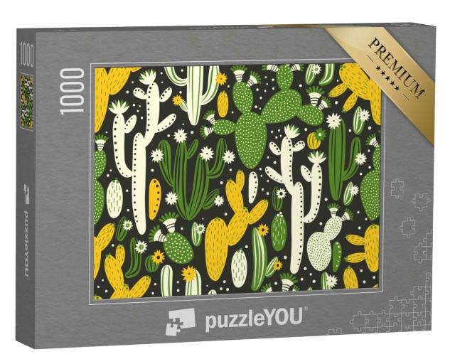 Puzzle 1000 Teile „Illustration: Grüne, weiße und gelbe Kakteen“