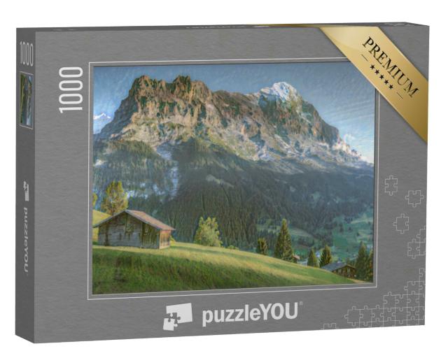 Puzzle 1000 Teile „im Kunst-Stil von Claude Monet - Schweizer Alpenlandschaft vor dem Eiger“