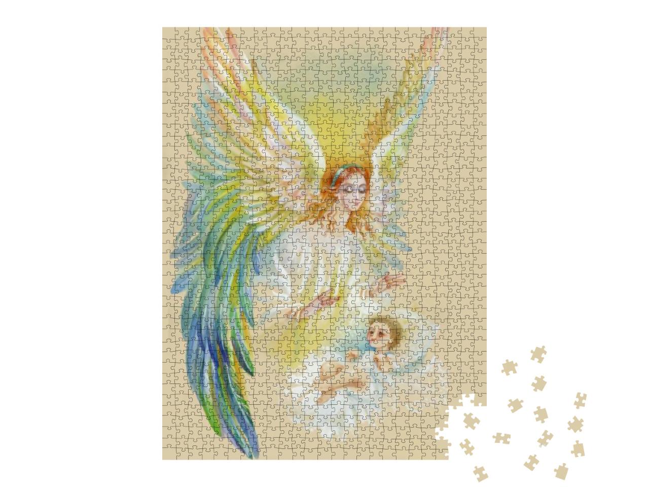 Puzzle 1000 Teile „Engel mit Flügeln fliegt über Kind, Aquarell-Illustration“