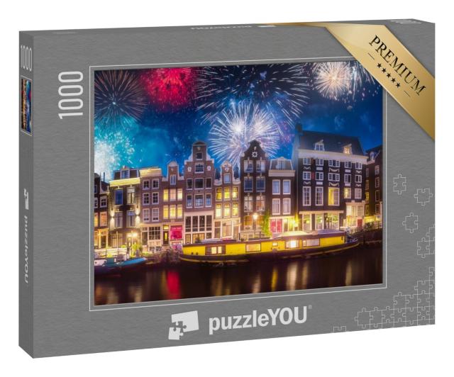 Puzzle 1000 Teile „Spektakuläres Feuerwerk über der Altstadt von Amsterdam, Niederlande“