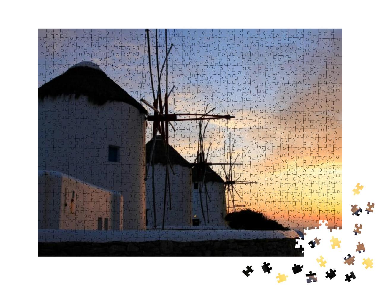 Puzzle 1000 Teile „Mykonos: Windmühlen bei Sonnenuntergang, Griechenland“