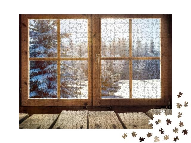 Puzzle 1000 Teile „Blick durch ein Hüttenfenster auf den verschneiten Winterwald“