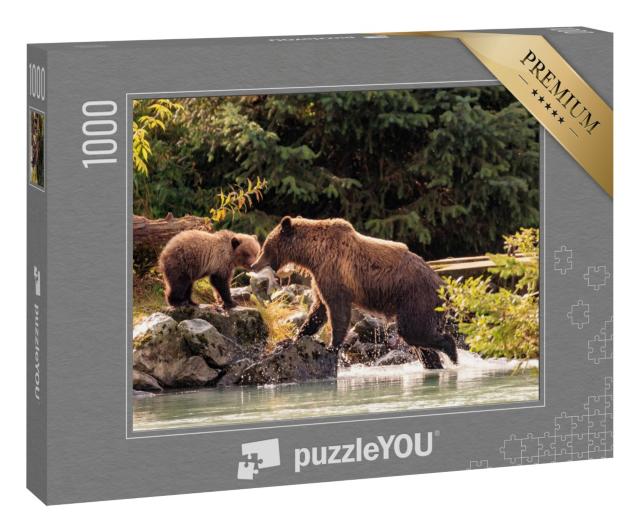Puzzle 1000 Teile „Bärenmutter beim Fischen mit ihren Jungen, Alaska“