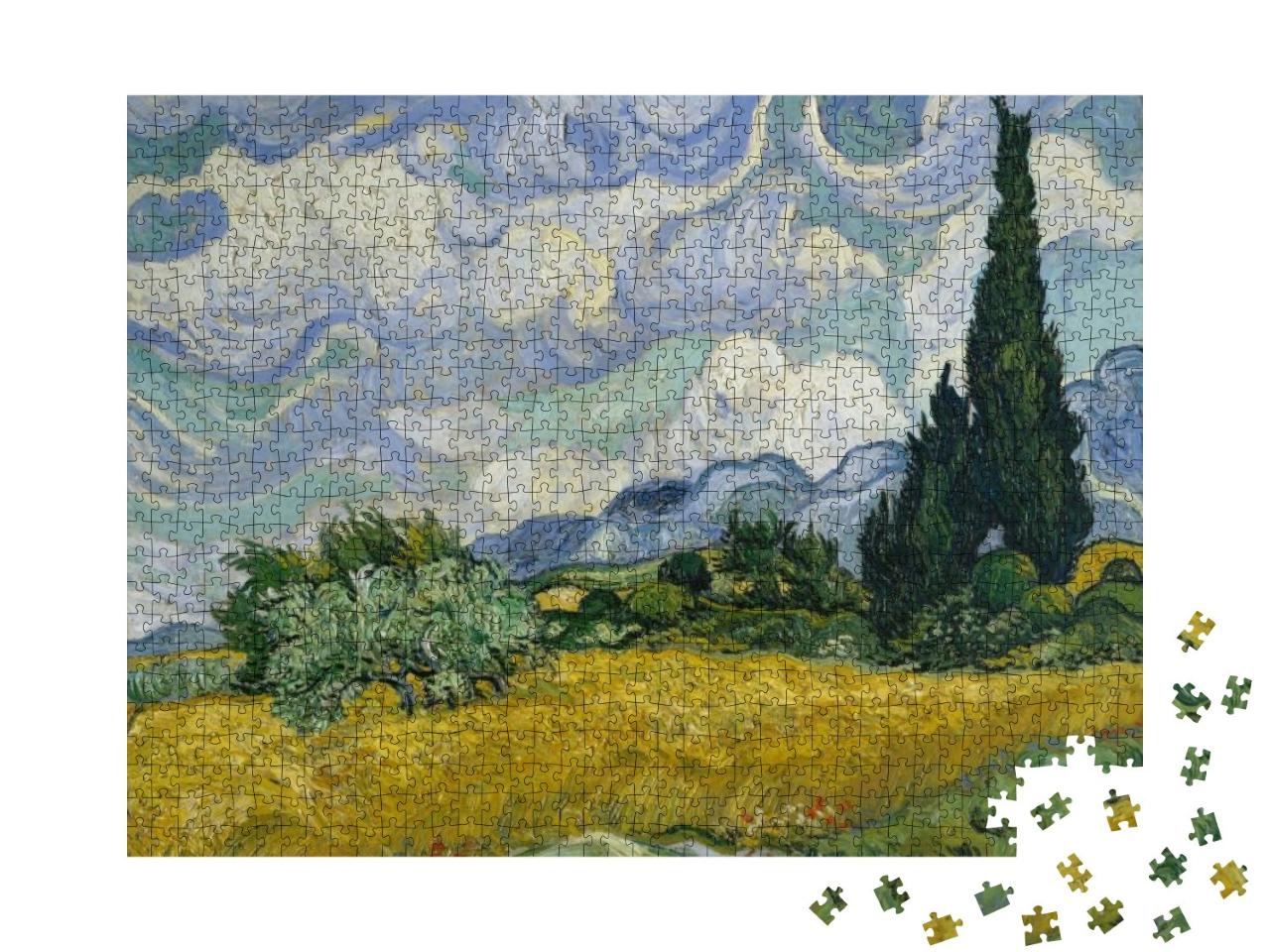 Puzzle 1000 Teile „Weizenfeld mit Zypressen, von Vincent Van Gogh, 1889“