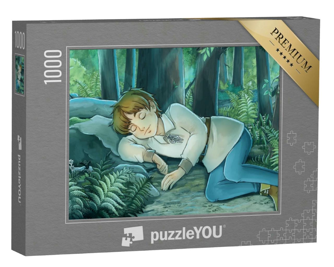 Puzzle 1000 Teile „Märchenhafte Illustration: Junge schläft friedlich im Wald“
