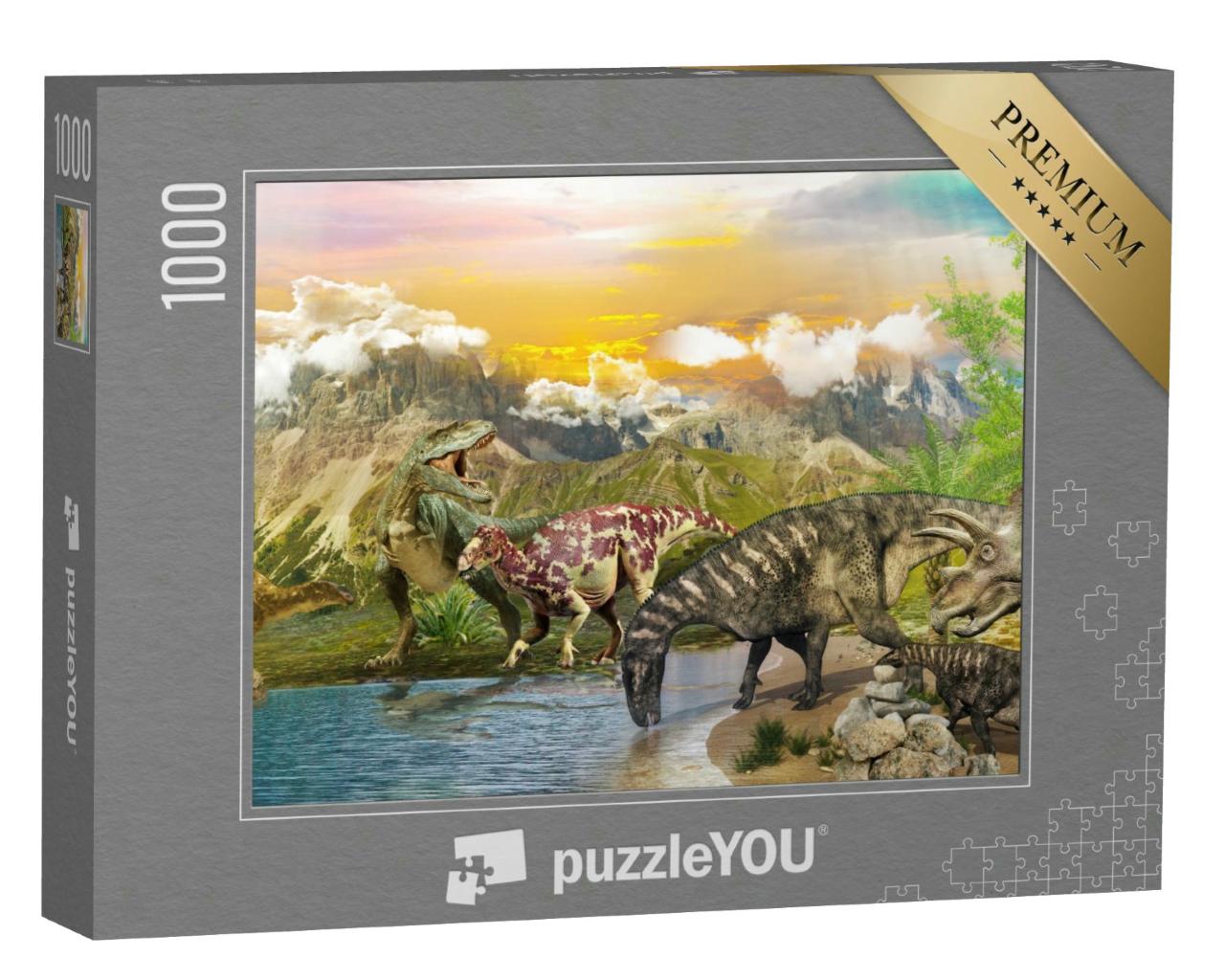 Puzzle 1000 Teile „Illustration: Dinosaurier an einem See“