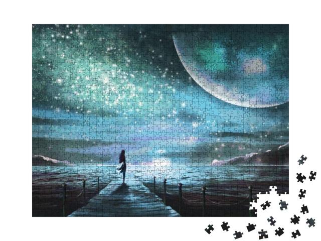 Puzzle 1000 Teile „Fantasy-Illustration: Junge Frau im Anblick der Galaxie“