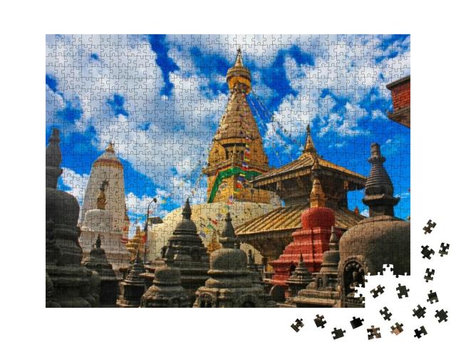 Puzzle 1000 Teile „Wunderschöne Ansicht des Swayambhunath oder Affentempels in Kathmandu, Nepal“