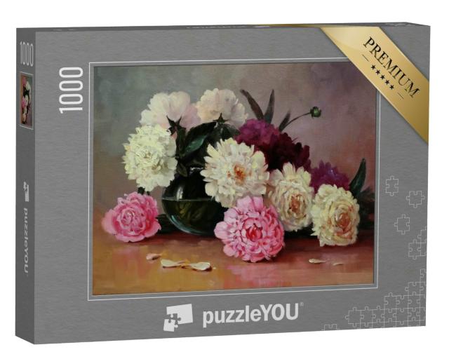 Puzzle 1000 Teile „Weiße und rosa Pfingstrosen in einer Glasvase, Ölgemälde auf Leinwand, Kunst“
