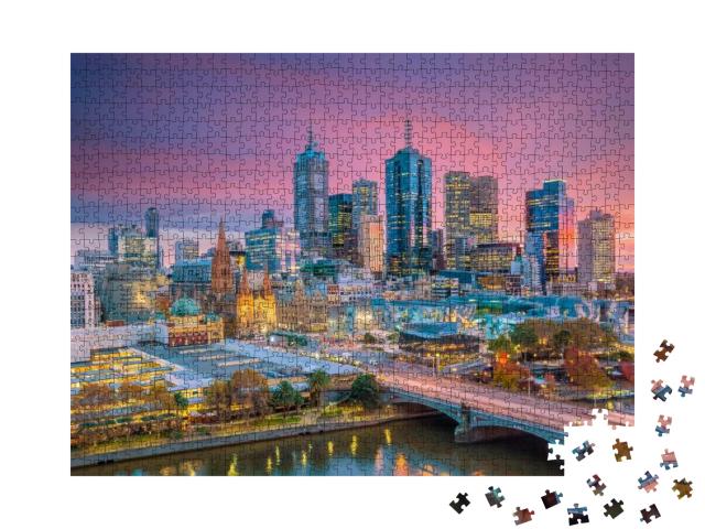 Puzzle 1000 Teile „Skyline von Melbourne am Abend, Australien“