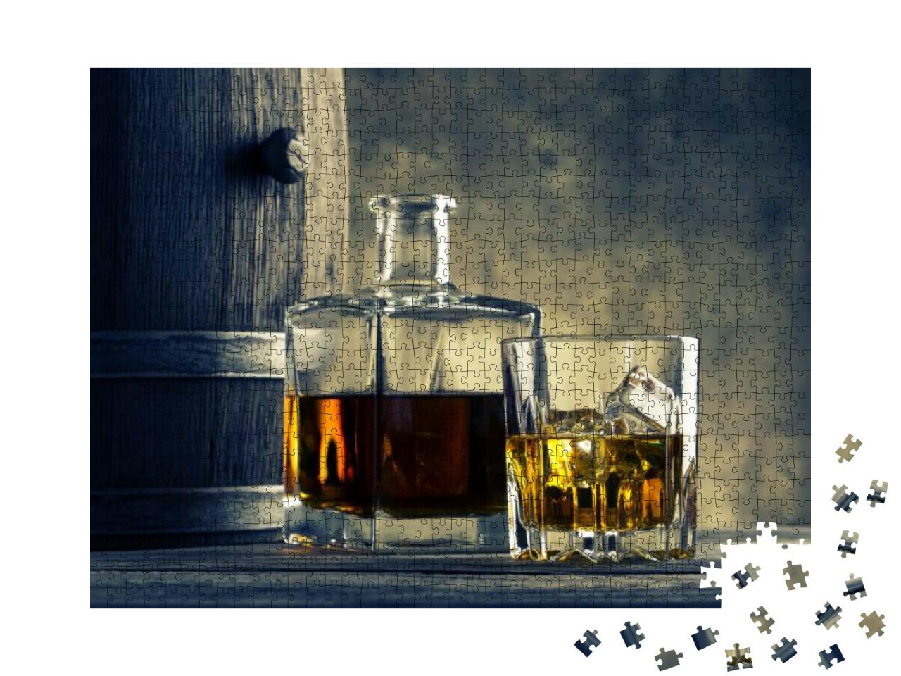 Puzzle 1000 Teile „Glaskaraffe und Whiskeyfass in gelbem Blauton gefärbt“