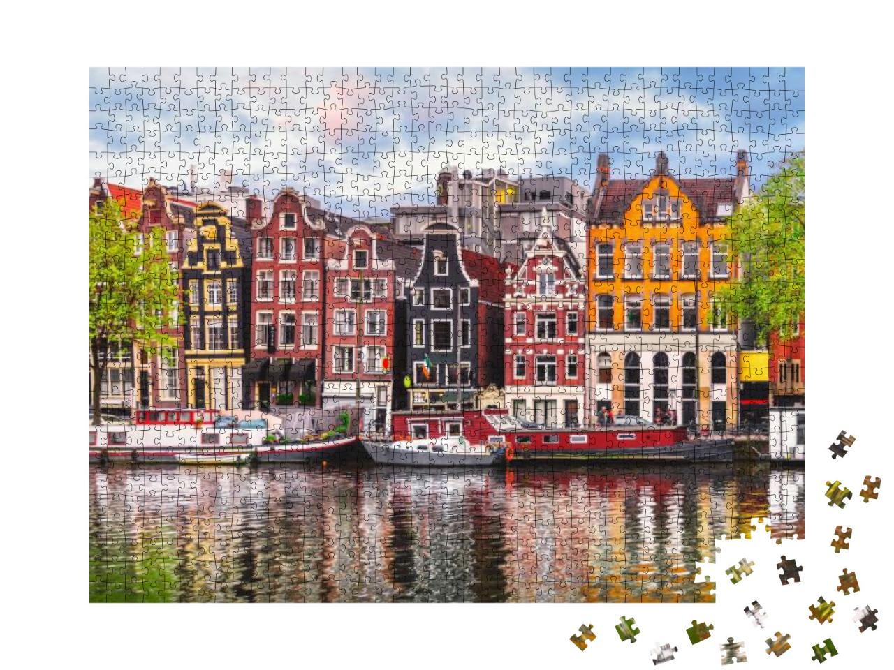 Puzzle 1000 Teile „Tanze Häuser an der Amstel, Wahrzeichen von Amsterdam“