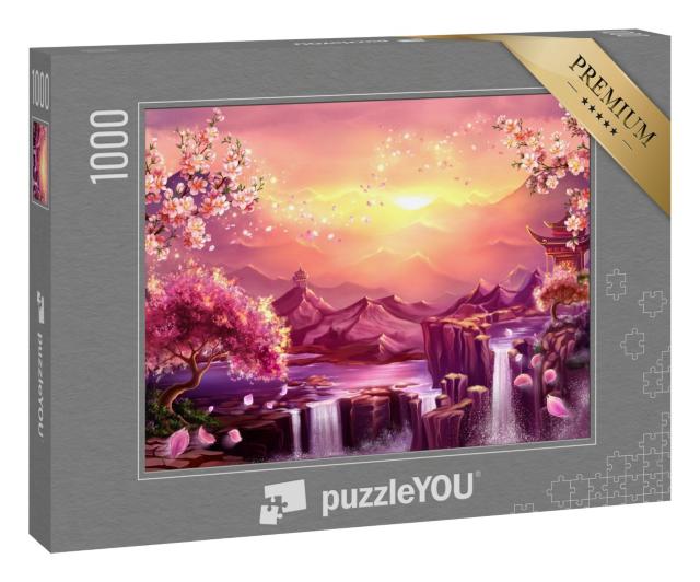 Puzzle 1000 Teile „Digitale Kunst: Japanische Kirschblüte in der Dämmerung der Berge“