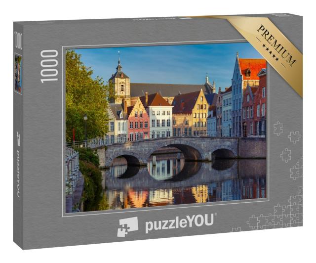 Puzzle 1000 Teile „Steinbrücke und mittelalterliche farbige Häuser in Brüssel, Belgien“