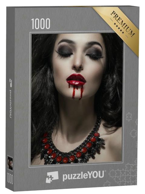 Puzzle 1000 Teile „Porträt einer wunderschönen Gothic-Vampirin, Make-up, rote Lippen, Blut“