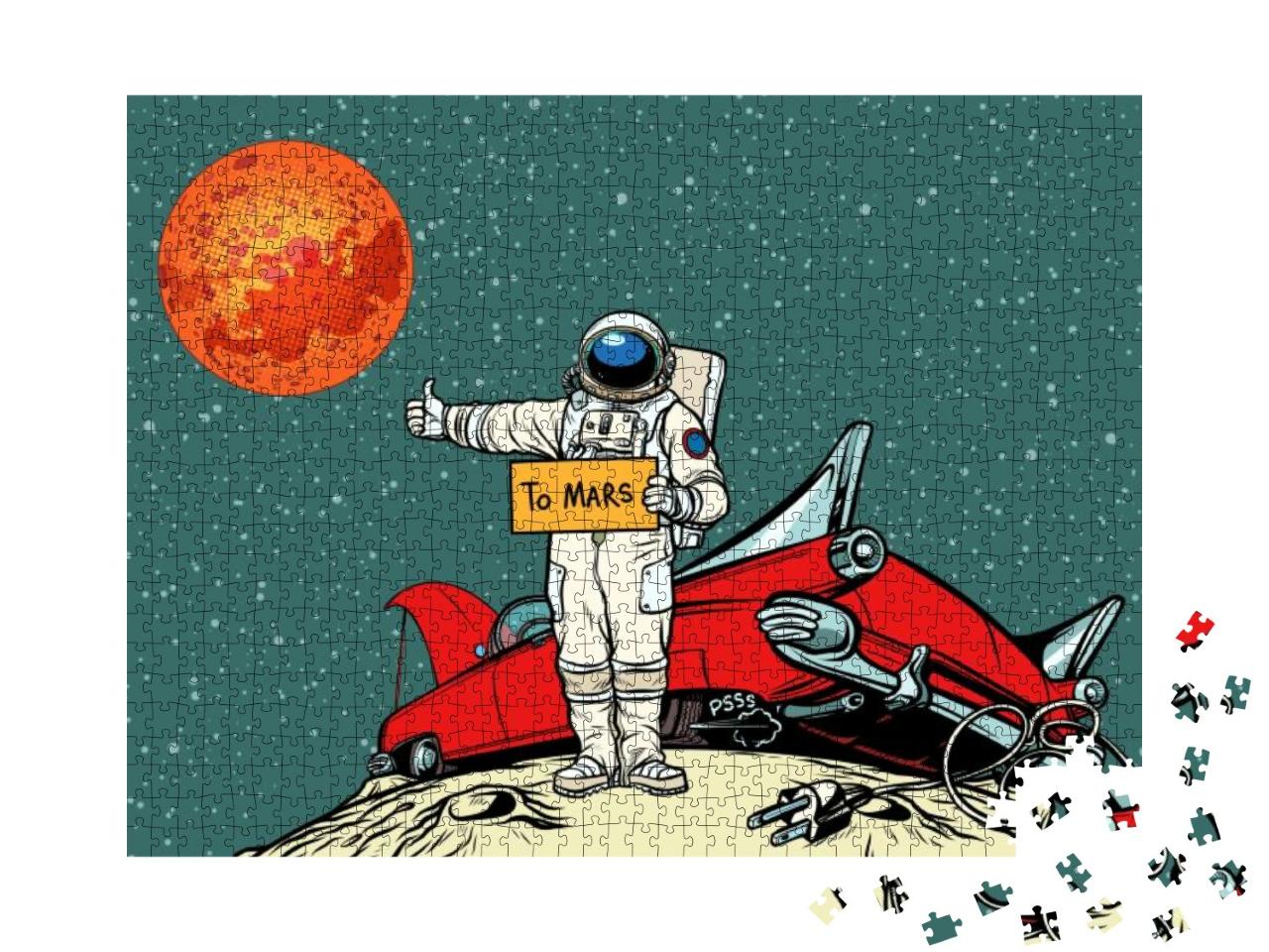 Puzzle 1000 Teile „Comic: der Weg zum Mars, Auto hat eine Panne im Weltraum“