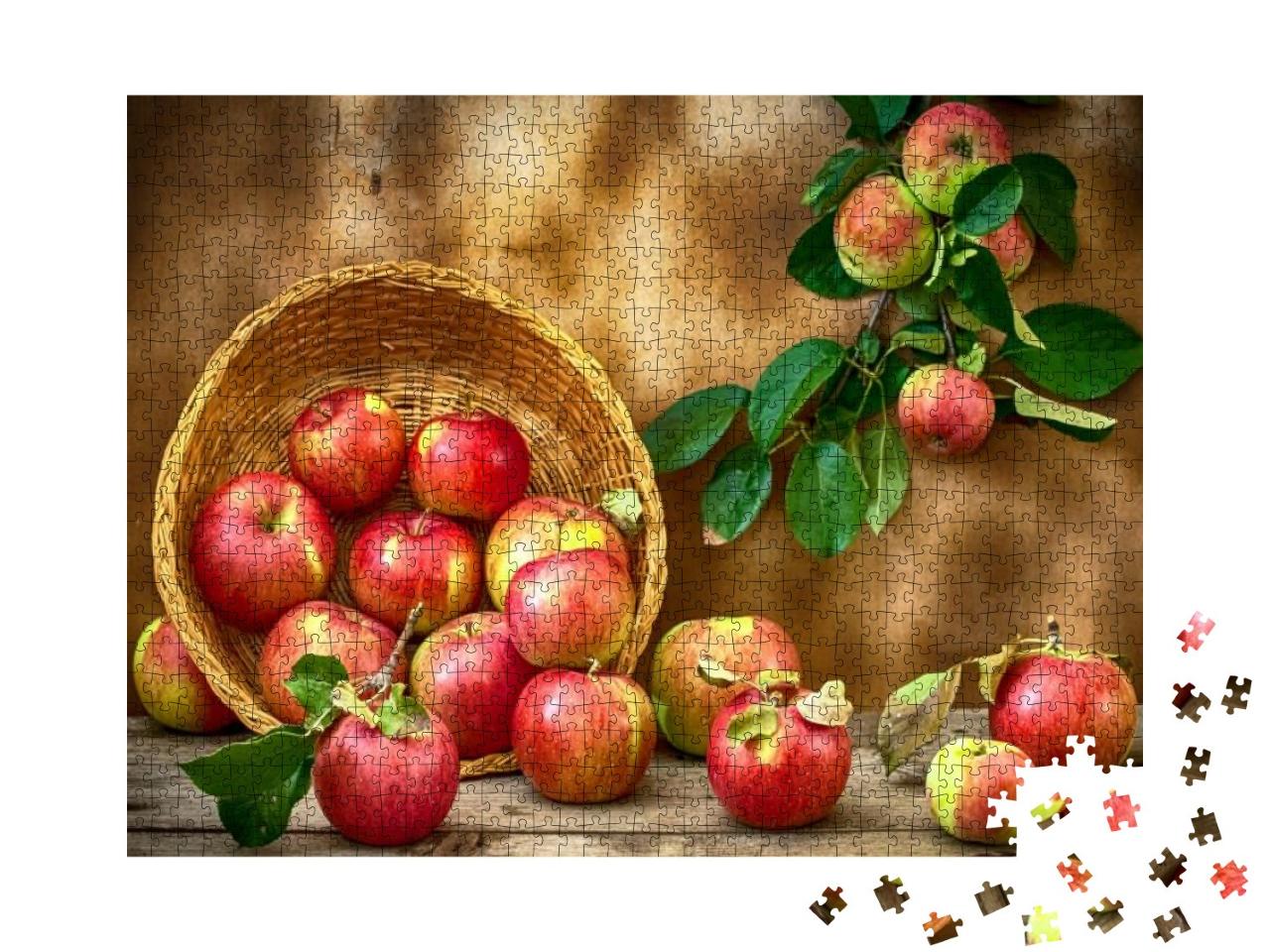 Puzzle 1000 Teile „Stillleben mit saftigen Äpfeln und einem Korb aus Holz“