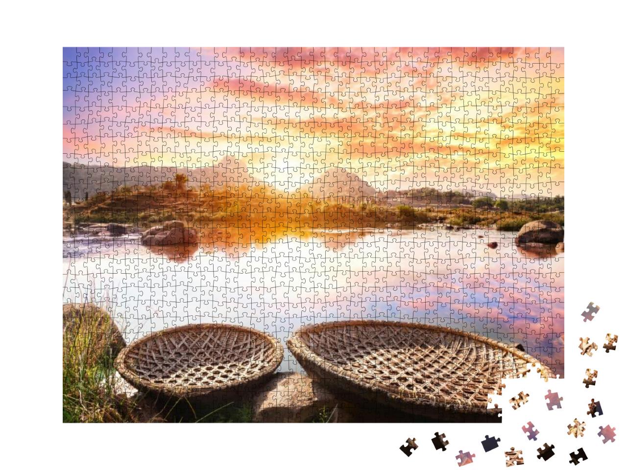 Puzzle 1000 Teile „Sonnenuntergang am Fluss Tungabhadra in Hampi, Karnataka, Indien“