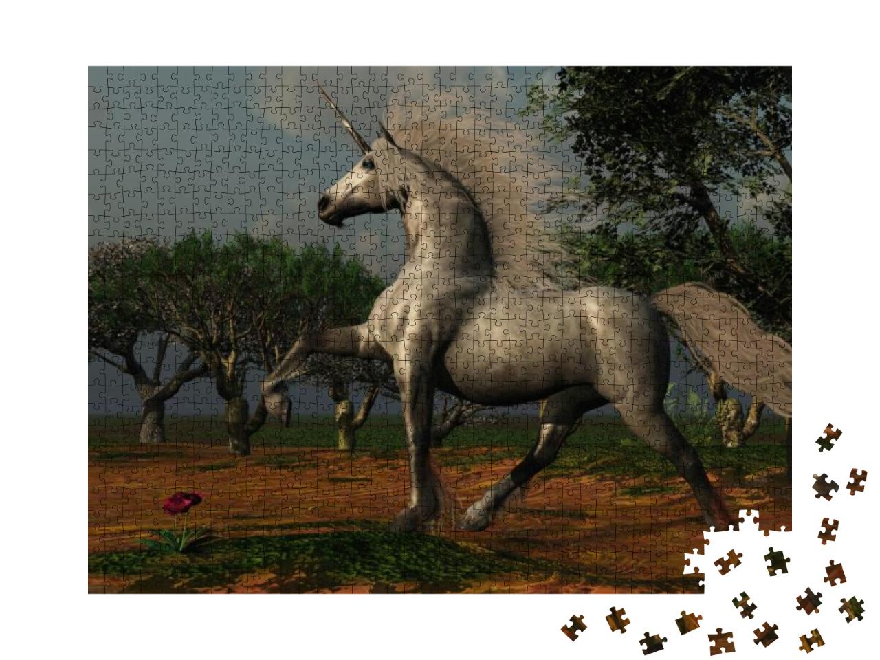 Puzzle 1000 Teile „Ein schönes männliches Einhorn tänzelt durch einen magischen Wald“