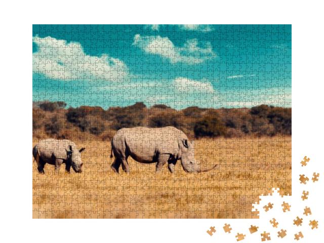 Puzzle 1000 Teile „Nashorn-Familie, Mutter mit Baby des Breitmaulnashorns, Botswana“