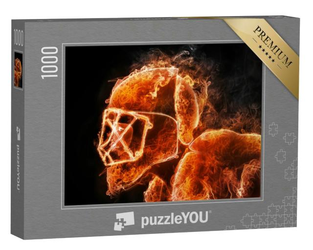Puzzle 1000 Teile „Hockeyspieler: Feuer-Stil auf schwarzem Hintergrund, 2D-Grafik“