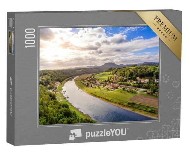 Puzzle 1000 Teile „Aussicht von der Bastei auf Elbe und Rathen, Deutschland“