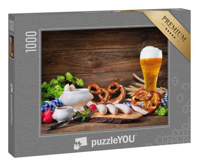 Puzzle 1000 Teile „Typisch bayerisch: Weißwurstfrühstück mit Brezeln“