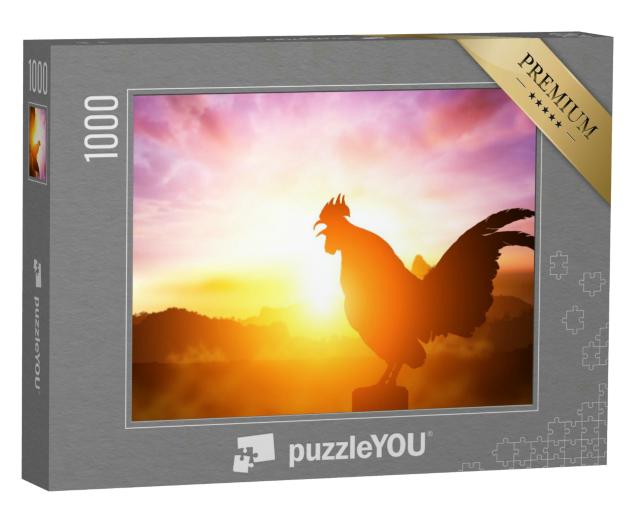 Puzzle 1000 Teile „Silhouette eines krähenden Hahnes im strahlenden Sonnenaufgang“