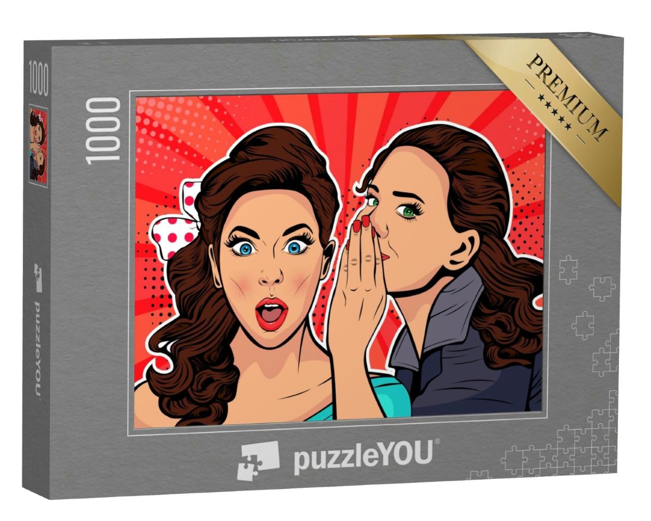 Puzzle 1000 Teile „Pop-Art: Frau flüstert Klatsch oder Geheimnis zu ihrer Freundin“
