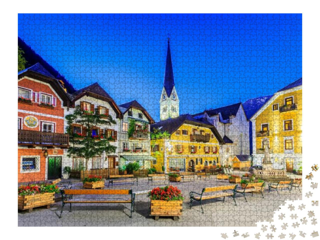 Puzzle 2000 Teile „Hallstatt, Österreich. Bergdorf in den österreichischen Alpen bei Dämmerung“