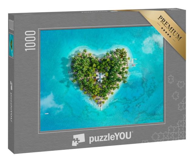 Puzzle 1000 Teile „Digitale Kunst: Tropisches Inselparadies in Form eines Herzens“
