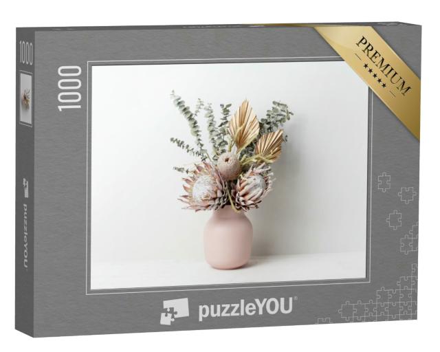 Puzzle 1000 Teile „Trockenblumenarrangement in einer stilvollen rosa Vase“